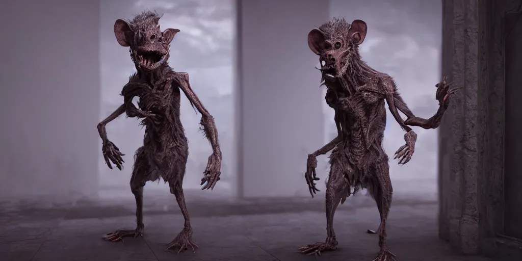 Image similar to a highly detailed photographic render of a humanoid rat creature, rat man, horror sci-fi, horro science fiction, biology, horror, beautifully lit, ray traced, octane 3D render, octane render, unreal engine