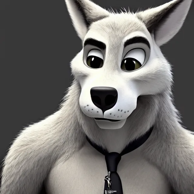 Image similar to portrait headshot of a handsome male white skull - wolf in the style of zootopia. pixar, fur volumetric lighting, subsurface scattering, hyperrealistic, octane render, hyperdetailed