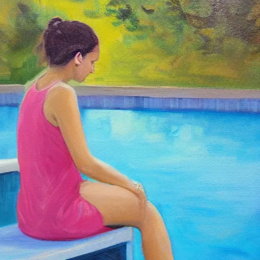 Prompt: oil painting of a young woman in a tanktop sitting by the pool