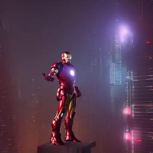 Image similar to A hyperdetailed photograph of Iron Man flying through the skies of a cyberpunk, futuristic city, night, dense fog, rain, HD, 8K resolution, unreal engine 5