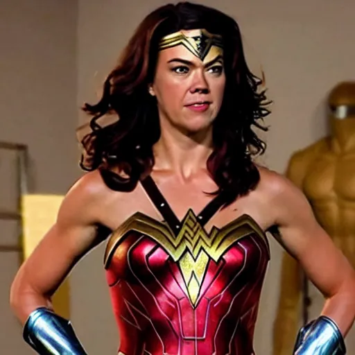 Prompt: Adrianne Palicki as Wonder Woman wearing the movie costume