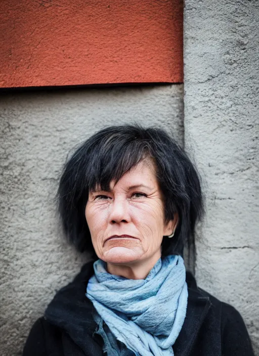 Prompt: color medium shot portrait of 50-year-old woman from Norway with short hair, candid street portrait in the style of Rehahn award winning, Sony a7R