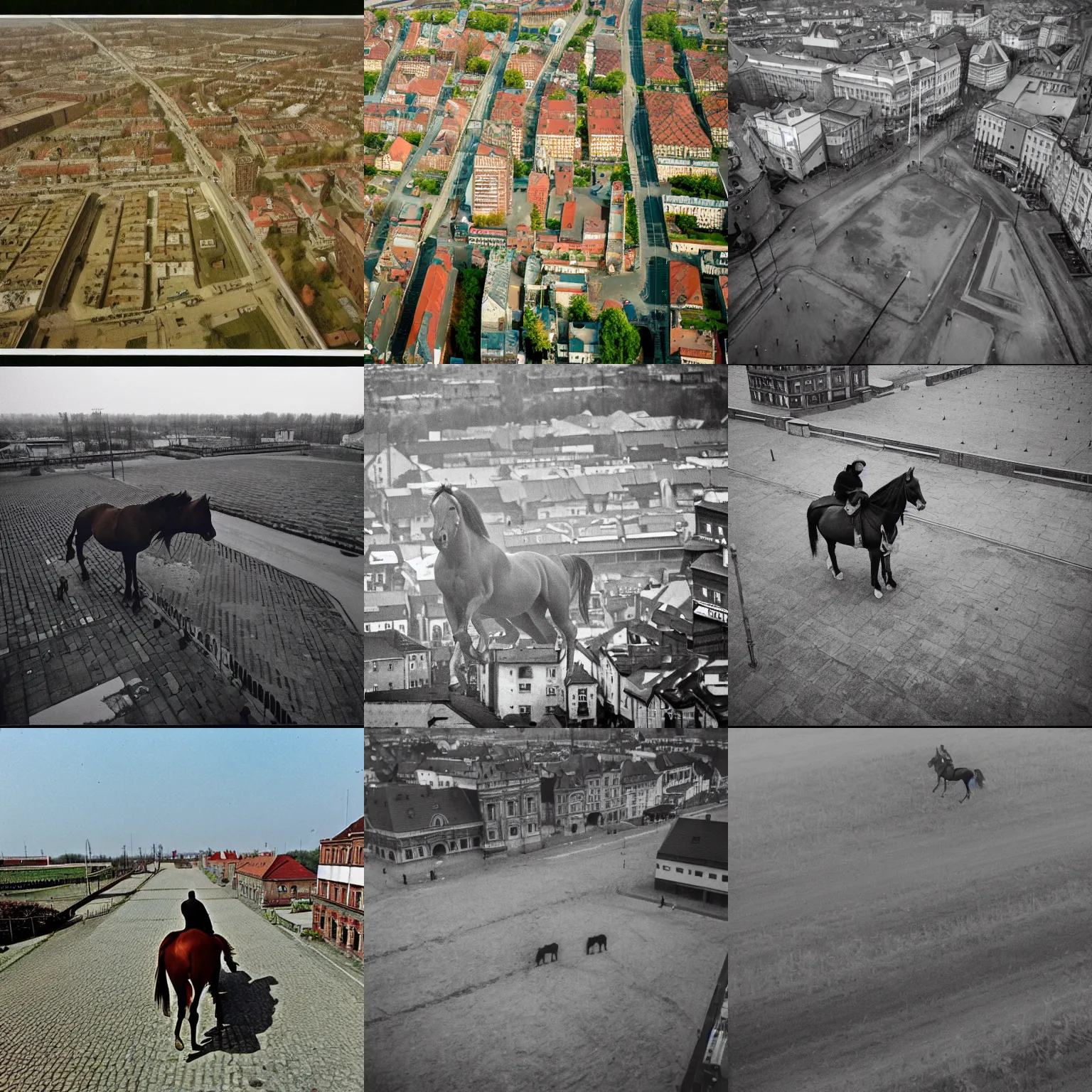 Prompt: in empty!!!! legnica , horse, film still, very high view