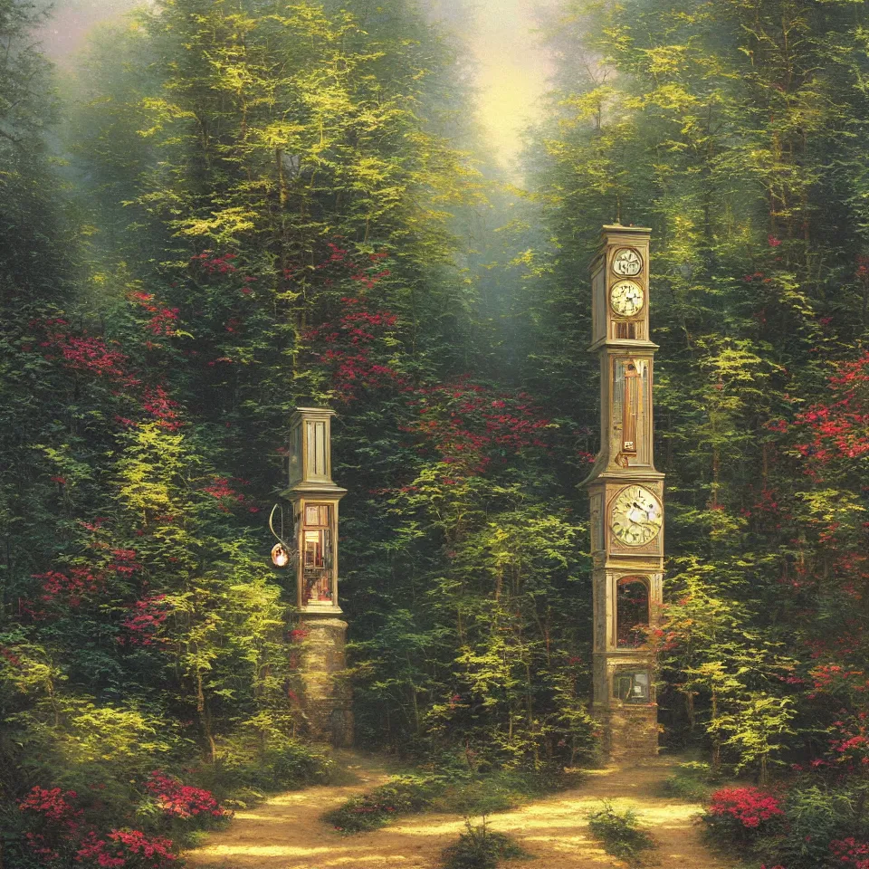 Prompt: thomas kinkade painting of a grandfather clock in the woods, stream