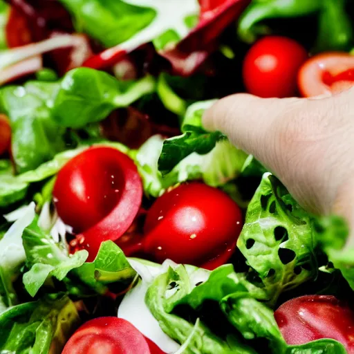 Image similar to first person point of view from my eyes, cutting a salad