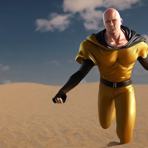 Prompt: onepunchman in sand beach look at me, 8 k, octane render, unreal engine 5, cinematic, full hd, ultra realistic, ultra detailed, 8 k 3 d