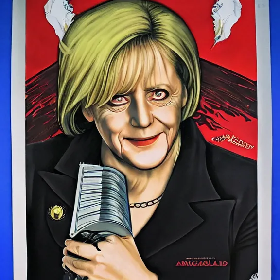 Image similar to angela merkel is alucard in hellsing, airbrush art, drew struzan illustration art, key art, movie poster