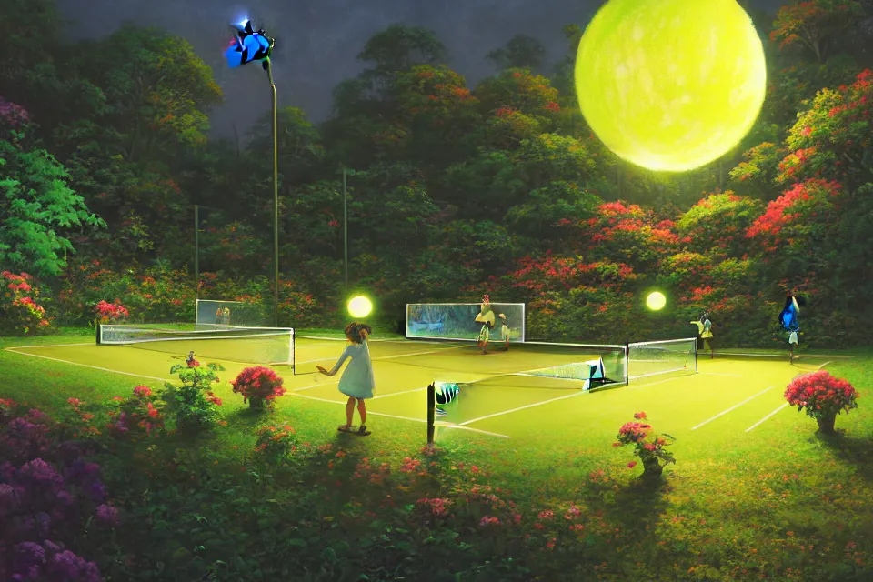 Prompt: A painting of a tennis ball court, moonlight with glowing tennis ball monsters and blooming gold flowers by makoto shinkai, thomas kinkade, james gilleard, very detailed, tone mapping, super wide angle