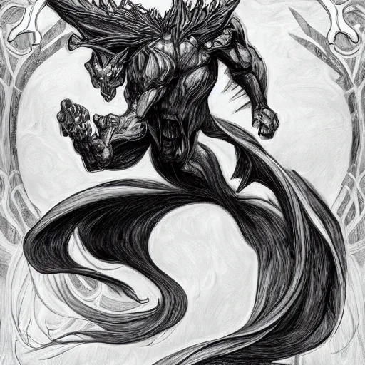 Image similar to full body grayscale drawing by Anato Finnstark of wingless balrog in heroic pose, swirling flames, alphonse mucha,