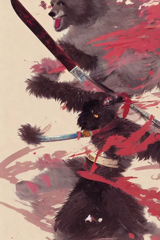 Image similar to key anime visuals rendering of a bear dressed as a ninja fighting with a katana. colorful design. higly detailed, intricate, greg rutkowski, anime manga style, trending on art station.
