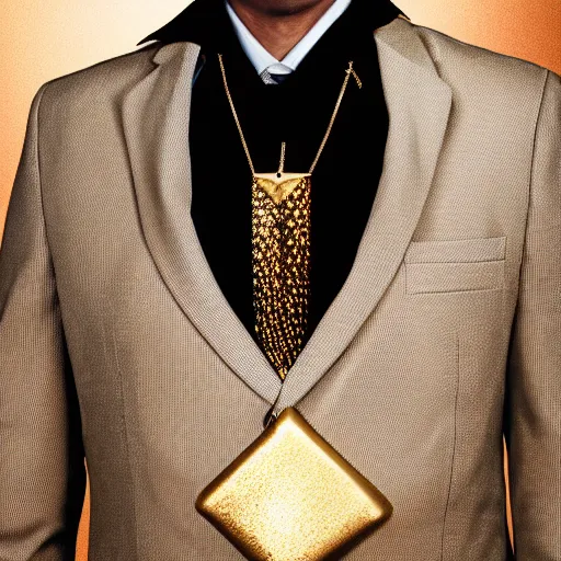 Image similar to portrait of the god Anubis wearing an office suit with a gold necklace, looking at the camera, black background, studio light