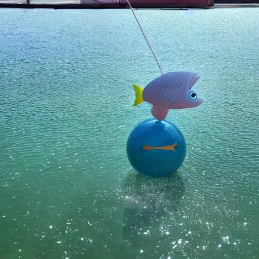 Image similar to a fish floating away from the sea tied to a ballon