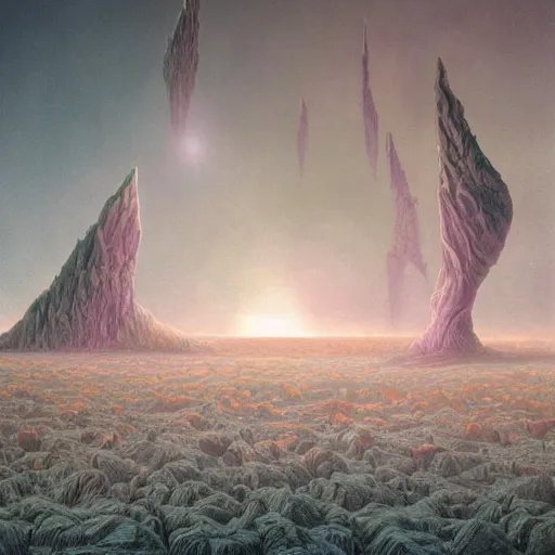 Image similar to artistic digital artwork of an epic scene on an alien planet. beautiful landscape by vincent bons, michael whelan, remedios varo and gerardo dottori. grainy and rough. interesting pastel colour palette. beautiful light. oil and water colour based on high quality render.