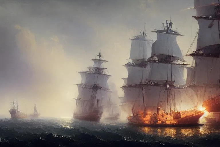Image similar to An enormous warship with cannons and lanterns in the dark night, painting by Ivan Aivazovsky and Greg Rutkowski, artstation, fantasy, intricate, beautiful, cinematic, octane render, arnold render, 8k, hyper realism, detailed, sharp focus, 4k uhd, masterpiece, award winning