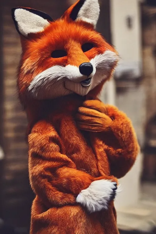 Prompt: anthropomorphic fox with a fluffy tail, fursuit, trending on instagram, photography