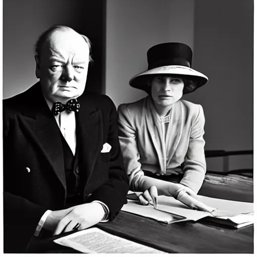 Image similar to Winston Churchill getting sued by Saul Goodman from Better Call Saul, in court, high detail, real lighting, photography from Vogue magazine, in the style of Dorothea Lange, 85mm Sigma Art Lens