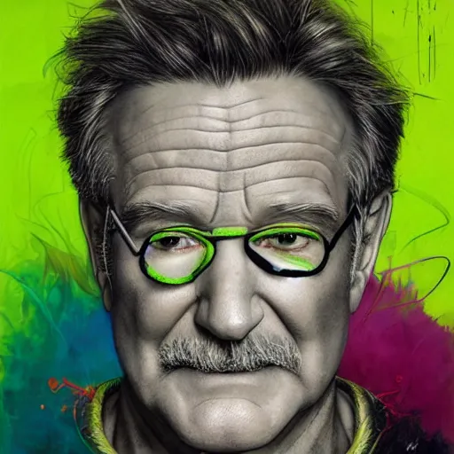 Prompt: a Demon Slayer portrait of Robin Williams, tall, pale-skinned, slender with lime green eyes and long eyelashes by Stanley Artgerm, Tom Bagshaw, Arthur Adams, Carne Griffiths, trending on Deviant Art, street art, face enhance, chillwave, maximalist, full of color, glittering