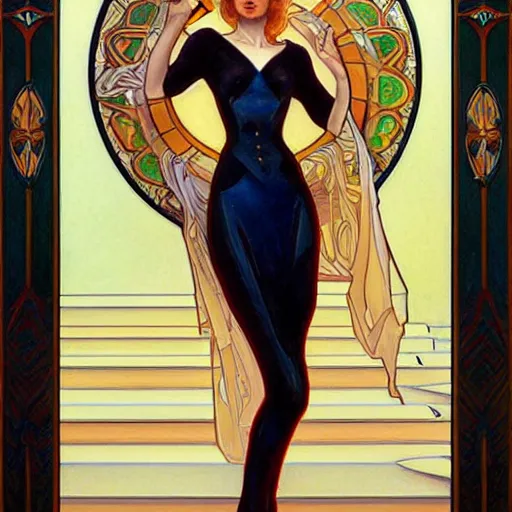 Image similar to a streamline moderne painting in the style of donato giancola, and in the style of charlie bowater, and in the style of alphonse mucha. symmetry, smooth, sharp focus, semi - realism, intricate detail.