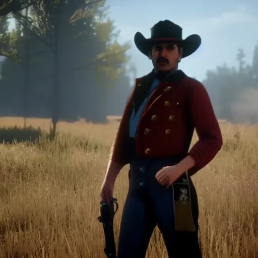 Prompt: Film still of Freddy Mercury, from Red Dead Redemption 2 (2018 video game), no hat, no shirt