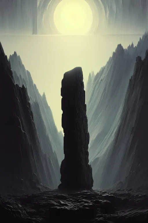 Image similar to extremely sharp black monolith standing on surface of the moon, mountains in distance, cinematography by stanley kubrick, extremely detailed digital painting, in the style of fenghua zhong and ruan jia and jeremy lipking and peter mohrbacher, mystical colors, rim light, beautiful lighting, 8 k, stunning scene, raytracing, octane, trending on artstation