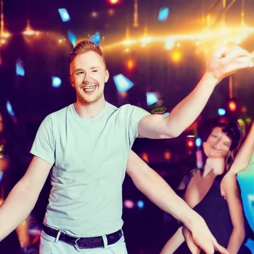 Image similar to photo of a 2 8 year old white man living thinking he's living the best life possible. he looks young for his age. he is at a dance club, it's as if he were in a music video. young woman are flocking to him and can be seen dancing around him in a seductive manner.