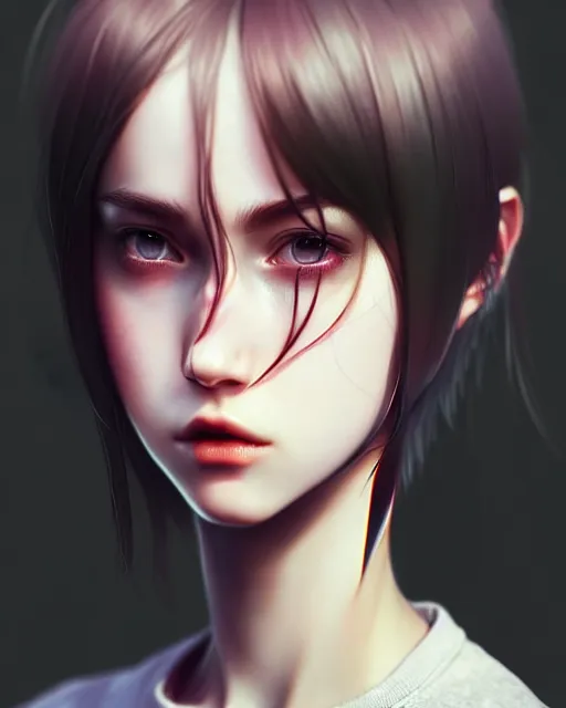 Image similar to full very close up neck shot of a beautiful loner girl, in tshirt and no makeup, demented, irish, by saruei and guweiz and ilya kuvshinov and george miller, digital art, highly detailed, intricate, sharp focus, trending on artstation hq, deviantart, pinterest, unreal engine 5, 4 k uhd image