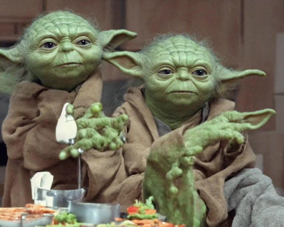 Image similar to yoda hosts a cooking show, scene from a horror movie