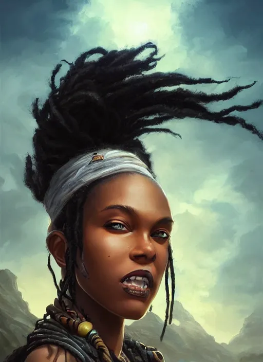 Image similar to girl with black dreadlocks, beautiful highly detailed face, complementary lighting, backlit, black eyeshadow, grinning, adventure, dramatic lighting, landscape background, beautiful painting by artgerm and greg rutkowski and raymond swanland