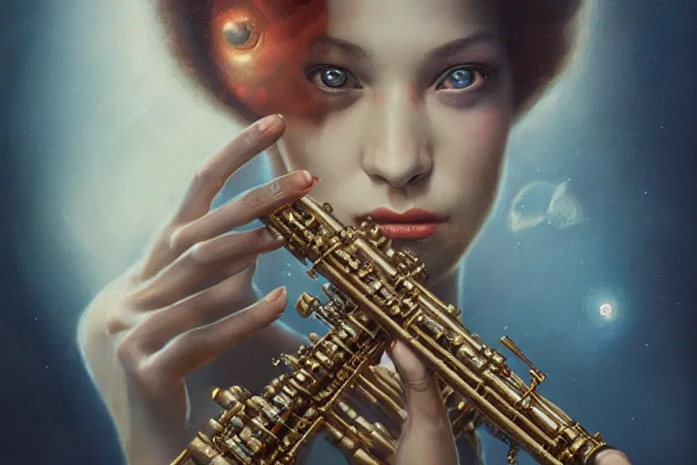 Image similar to a beautiful ultradetailed vintage photo of cyborg playing an oboe, by tom bagshaw and anna dittman, portrait, vignette, 2 4 mm lens, golden ratio composition, detailed face, studio photography, very detailed, cybernetic scifi, artstation, 8 k, highly coherent