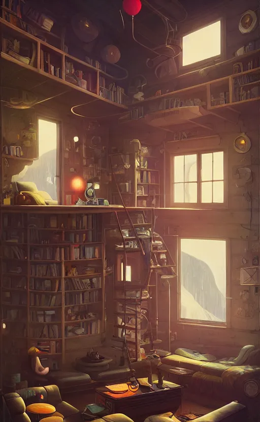 Prompt: Interior shot of a cozy loft by Petros Afshar and Beeple, James Gilleard, Mark Ryden, Wolfgang Lettl highly detailed