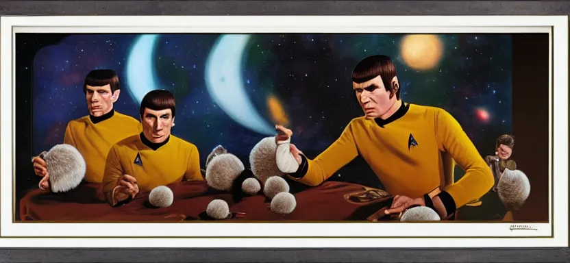 Image similar to captain kirk and spock with tribbles by juan ortiz 8k,