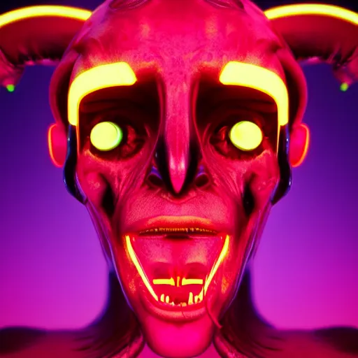 Image similar to synthwave demonic alien face with neon horns, detailed face, sharp focus, synthwave art, aesthetic, octane render, raw, cinematic