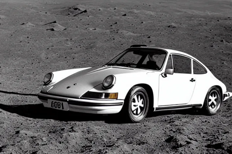 Prompt: vintage photo of a porsche 911 on the moon being driven by an astronaut. apollo moon landing