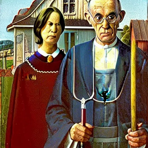 Image similar to the pope and satan in the style of american gothic