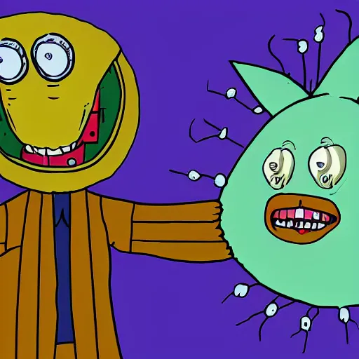 Image similar to zippy the pinhead floating in the multiverse of madness, in the style of bill griffith