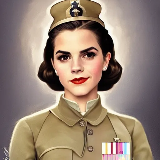 Image similar to A combination of Victoria Justice's and Grace Kelly's and Emma Watson's appearances as a WW2 soldier, full body portrait, western, D&D, fantasy, intricate, elegant, highly detailed, digital painting, artstation, concept art, matte, sharp focus, illustration, art by Artgerm and Greg Rutkowski and Alphonse Mucha