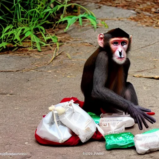 Prompt: cappuchin monkey stealing a bad bag of drugs