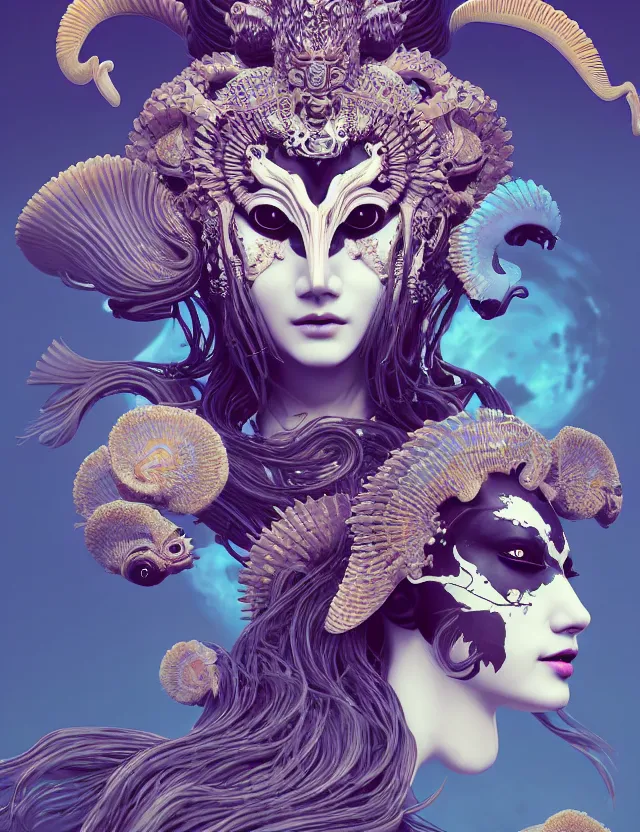 Image similar to 3 d goddess close - up 3 / 4 portrait with ram skull. beautiful intricately detailed japanese crow kitsune mask and clasical japanese kimono. betta fish, jellyfish phoenix, bio luminescent, plasma, ice, water, wind, creature, artwork by tooth wu and wlop and beeple and greg rutkowski