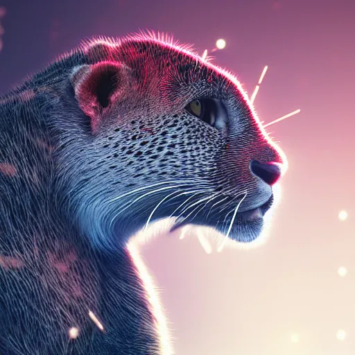 Prompt: closeup profile shot of a neon electric cheetah, city lights, strong bokeh, dramatic, cinematic, high contrast, cgsociety, artstation, 4k