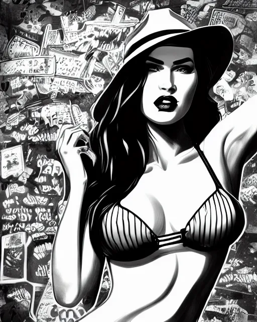 Prompt: closeup portrait of film noir angry megan fox in a bikini wearing a hat and sunglasses, china town, glamour pose, detailed illustration, digital art, trending on artstation, arney freytag, dan mumford, patrick nagel, graffiti, gta v,