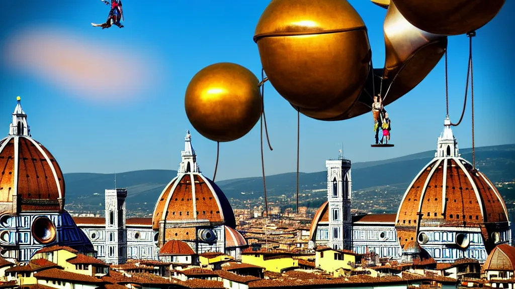 Image similar to large colorful futuristic space age metallic steampunk steam - powered balloons with pipework and electrical wiring around the outside, and people on rope swings underneath, flying high over the beautiful medieval florence city landscape, professional photography, 8 0 mm telephoto lens, realistic, detailed, photorealistic, photojournalism