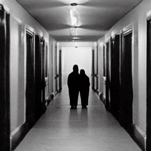 Image similar to Two Danny Devito twins standing in an eerie long dimly lit hallway in the style of The Shining (1980)