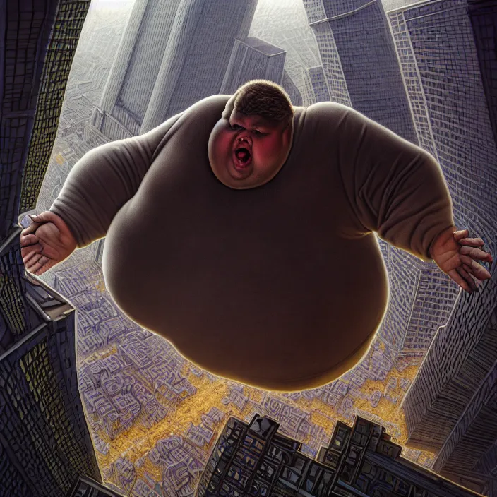 Image similar to hyperrealistic mixed media portrait of a giant moridly obese man crushing a helpless city under his feet, despair, depressing and hopeless vibe, stunning 3d render inspired art by P. Craig Russell and Barry Windsor-Smith + perfect facial symmetry + dim volumetric lighting, 8k octane beautifully detailed render, post-processing, extremely hyperdetailed, epic composition, grim yet sparkling atmosphere, cinematic lighting + masterpiece, trending on artstation