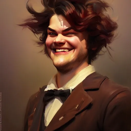 Image similar to portrait painting of a jack black age 2 5, bright and energetic, with a sweet smile and coiffed hair, render cinematic lighting art 1 9 2 0 period drama by bussiere rutkowski andreas rocha