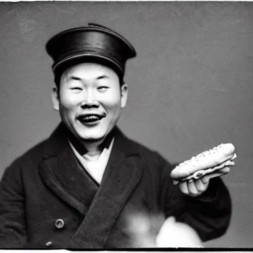 Image similar to a photo of a happy man from qing empire holding and eating a hamburger, award winning photo, high quality, 1 9 century photo, black and white