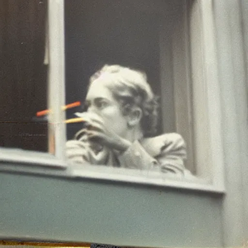 Image similar to zoomed cropped voyeuristic direct eye contact closeup of supermodel neighbor blowing smoke in window, technicolor, telephoto lens, vintage photograph, historical archive