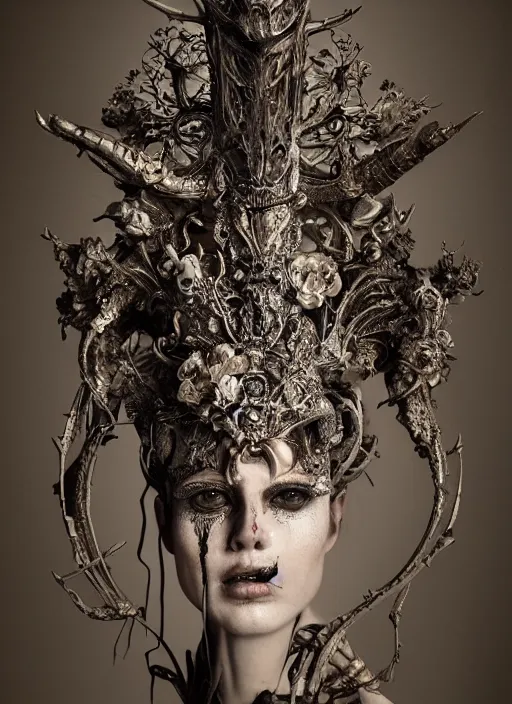 Image similar to a portrait of female by stefan geselle and nekro borja, photorealistic, intricate details, hyper realistic, fantasy, elegant, baroque, horn, ram skull headpiece, photorealistic, photography, symmetrical features, symmetrical pose, wide angle shot, feet on the ground, wearable art, unreal engine, cinematic lighting