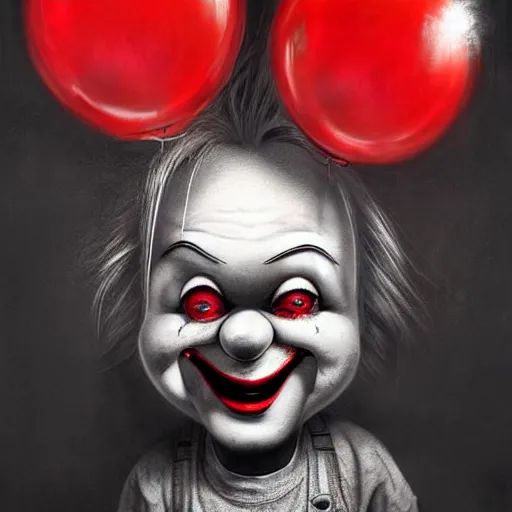 Prompt: surrealism grunge cartoon portrait sketch of clown with a wide smile and a red balloon by - michael karcz, loony toons style, chucky style, horror theme, detailed, elegant, intricate