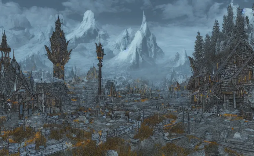 Prompt: whiterun in the style of vsevolod ivanov, hyperborea, fantasy city