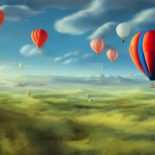 Image similar to digital art of plenty of birthday balloons floating above a beautiful countryside. artstation cgsociety masterpiece